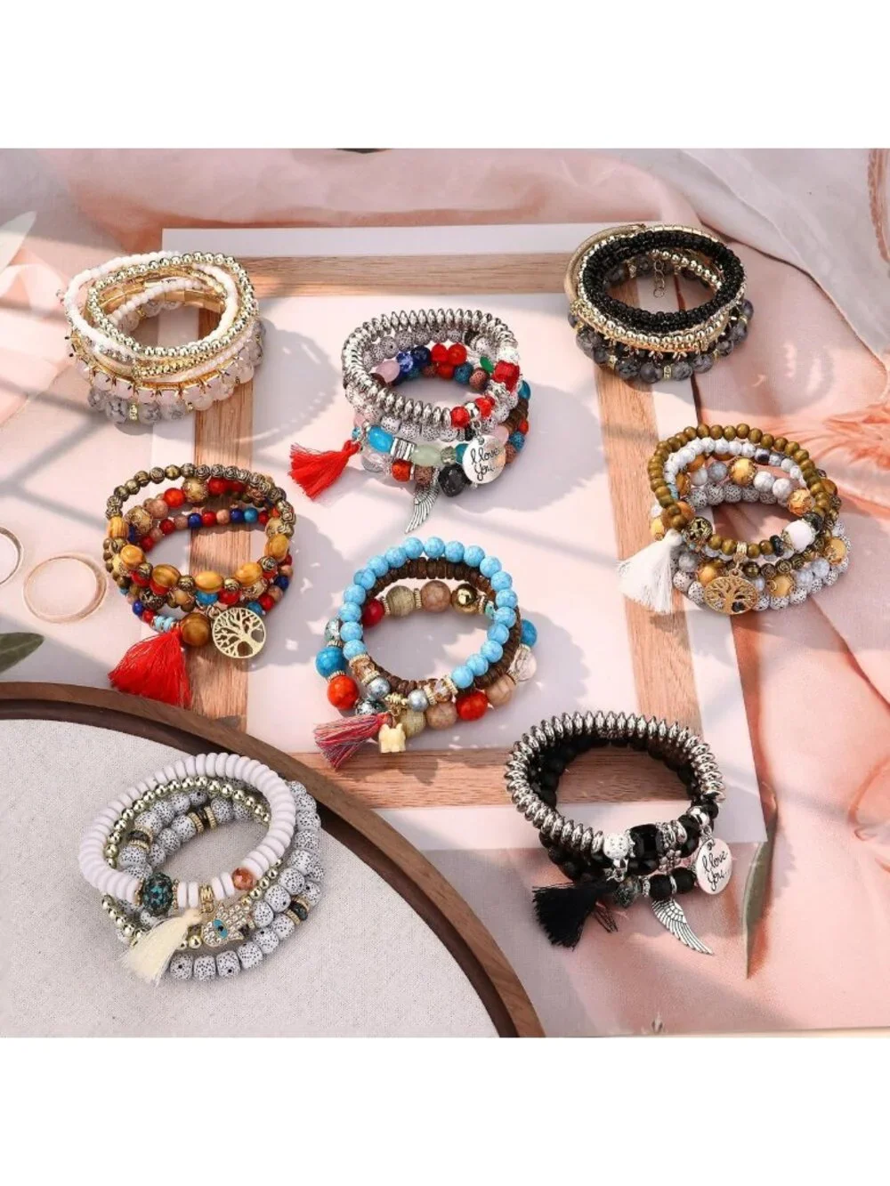 Bohemian Stackable Bead Bracelets Set for Women - Stretch Multilayered Jewelry